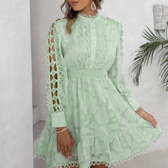 Plus & Reg Size mint green Lace Panel Long sleeve Shirred Waist Ruffle Hem Dress - Picture 1 of 7